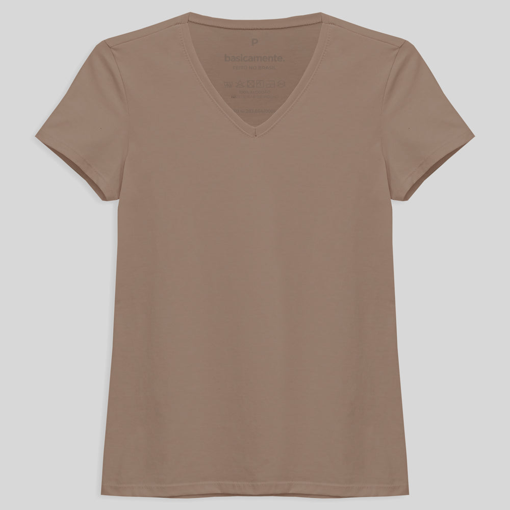 Camiseta Slim Gola V Feminina - Bege Claro