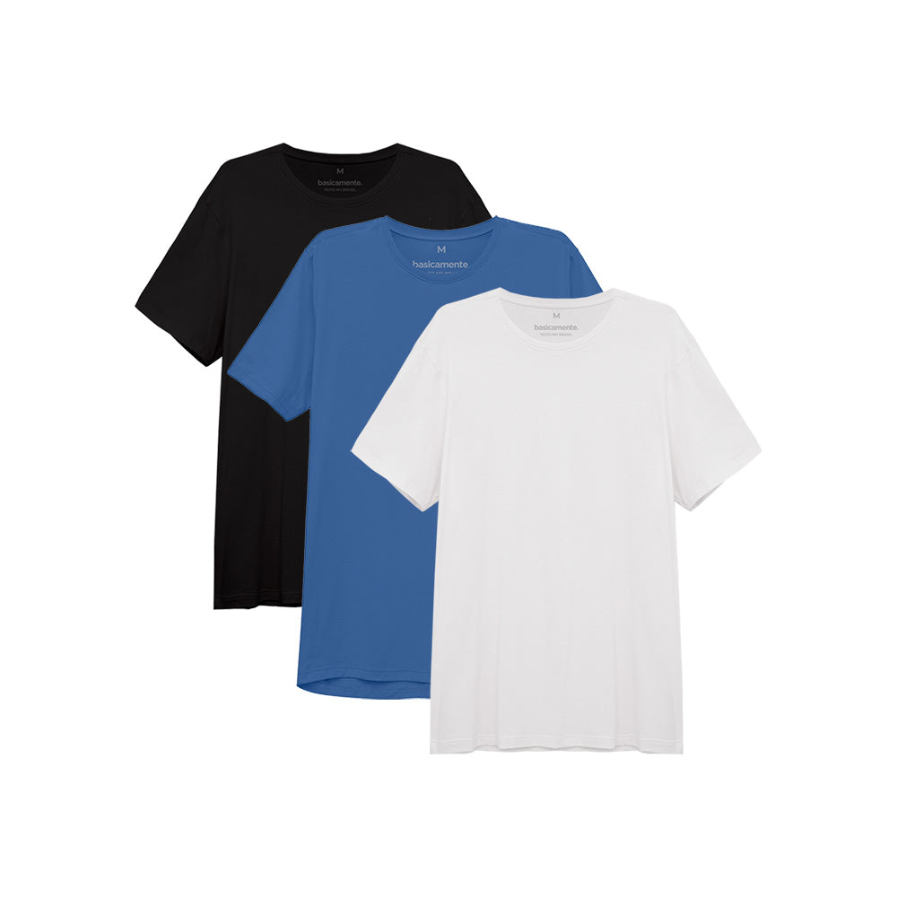 Kit 3 Camisetas Gola C Masculina - Azul Oceano Branco Preto
