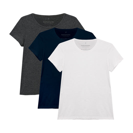 Kit 3 Camisetas Babylook Gola C Feminina - Branco/Mescla Escuro/Azul Marinho