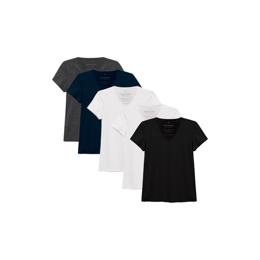 Kit 5 Camisetas Babylook Gola V Feminina - 2 Brancas Preto Azul Marinho Mescla Escuro