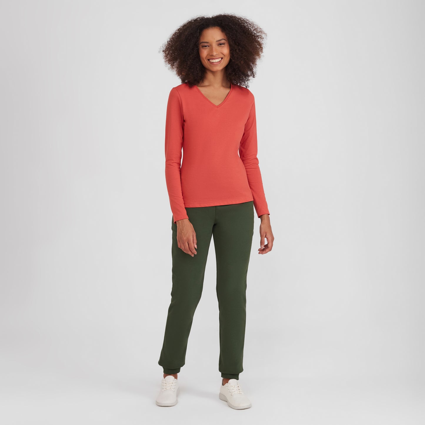 Camiseta Babylook Algodão Premium Manga Longa Gola V Feminina - Laranja Coral