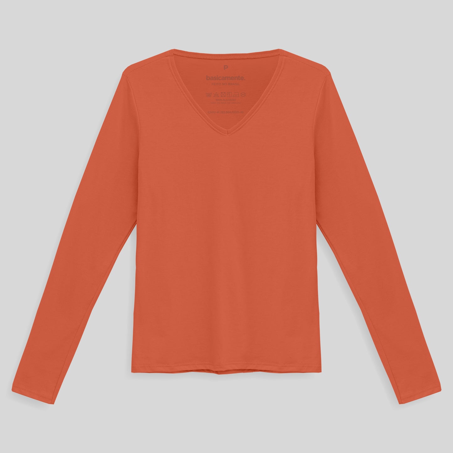 Camiseta Babylook Algodão Premium Manga Longa Gola V Feminina - Laranja Coral