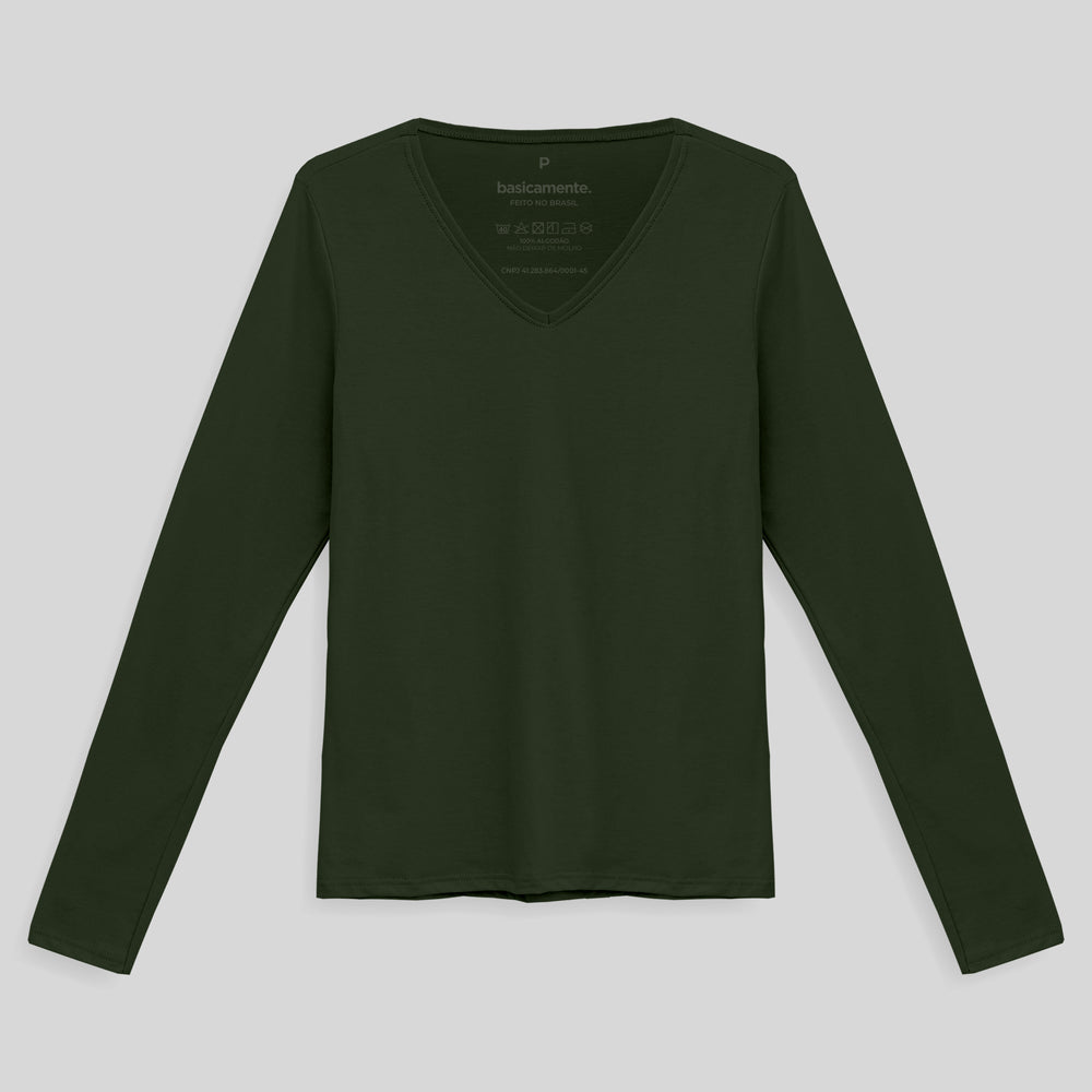 Camiseta Babylook Algodão Premium Manga Longa Gola V Feminina - Verde Selva