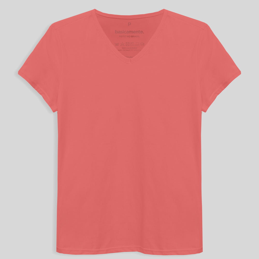 Camiseta Básica Gola V Feminina - Rosa Chiclete