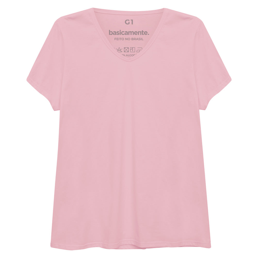 Camiseta Básica Gola V Plus Feminina - Rosa Orquídea