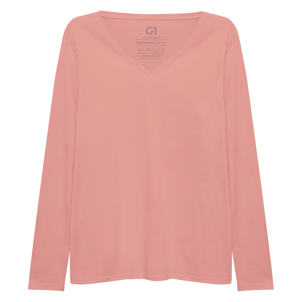 Camiseta Babylook Algodão Premium Manga Longa Gola V Plus Feminina - Rose