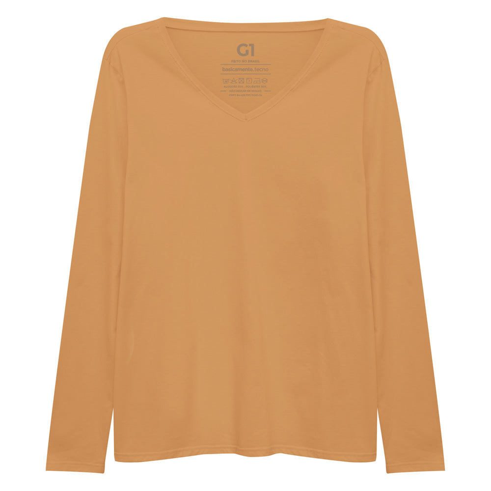 Camiseta Babylook Algodão Premium Manga Longa Gola V Plus Feminina - Amarelo Mostarda