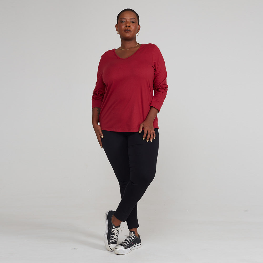 Camiseta Babylook Algodão Premium Manga Longa Gola V Plus Feminina - Marsala