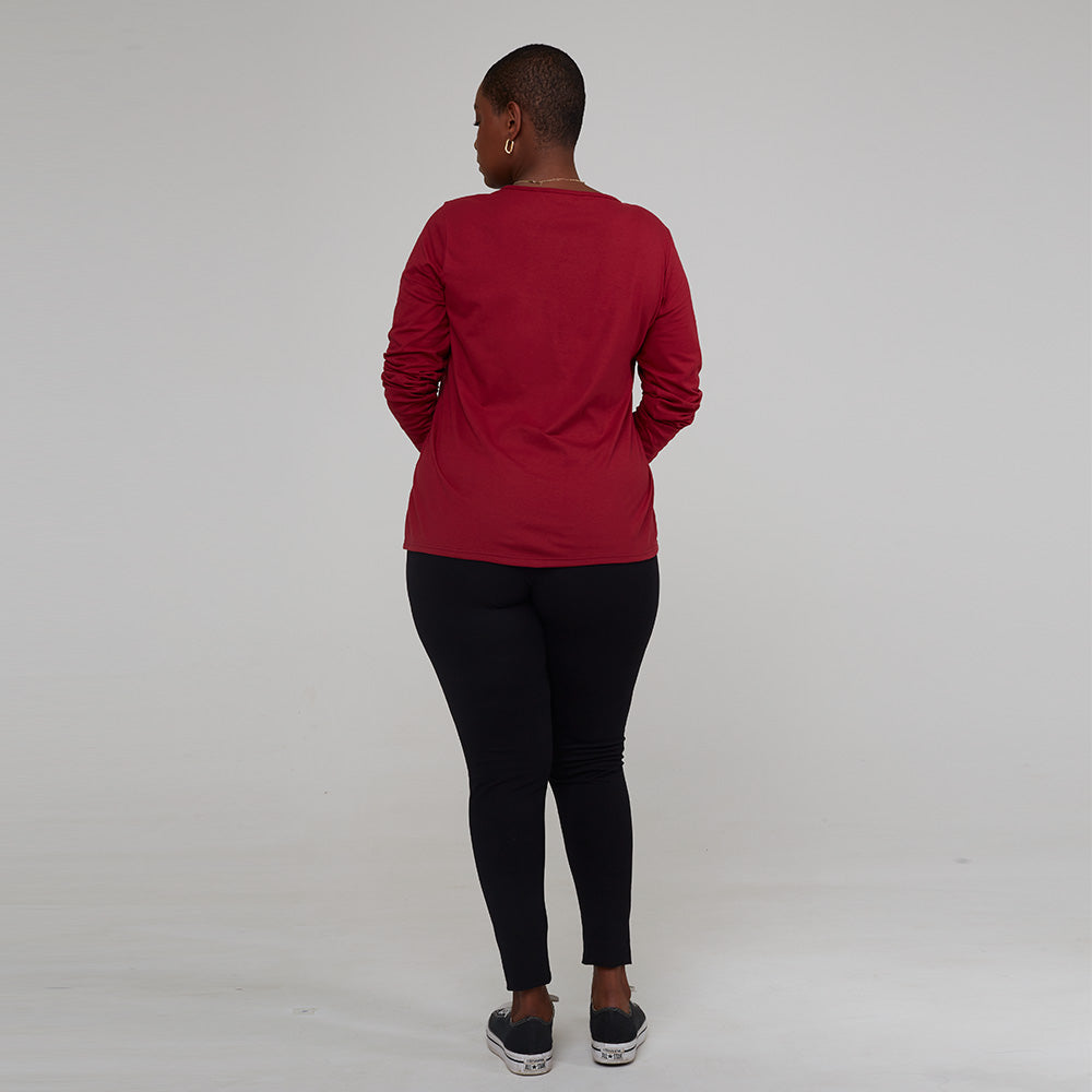 Camiseta Babylook Algodão Premium Manga Longa Gola V Plus Feminina - Marsala