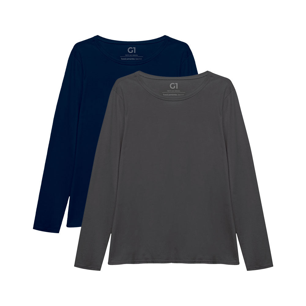 Kit 2 Camisetas Babylook Gola C Manga Longa Plus Size Feminina - Azul Marinho Mescla Escuro