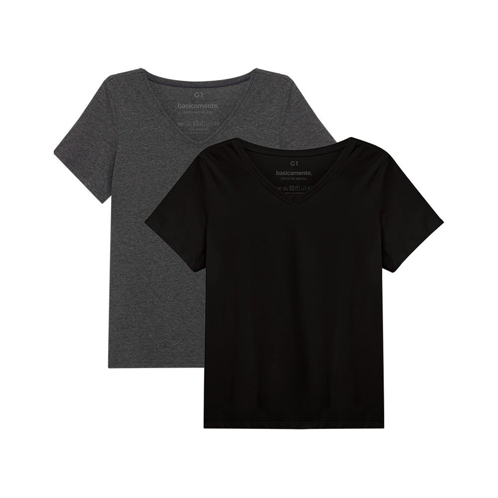 Kit 2 Camisetas Babylook Gola V Plus Size Feminina - Preto Mescla Escuro Escuro
