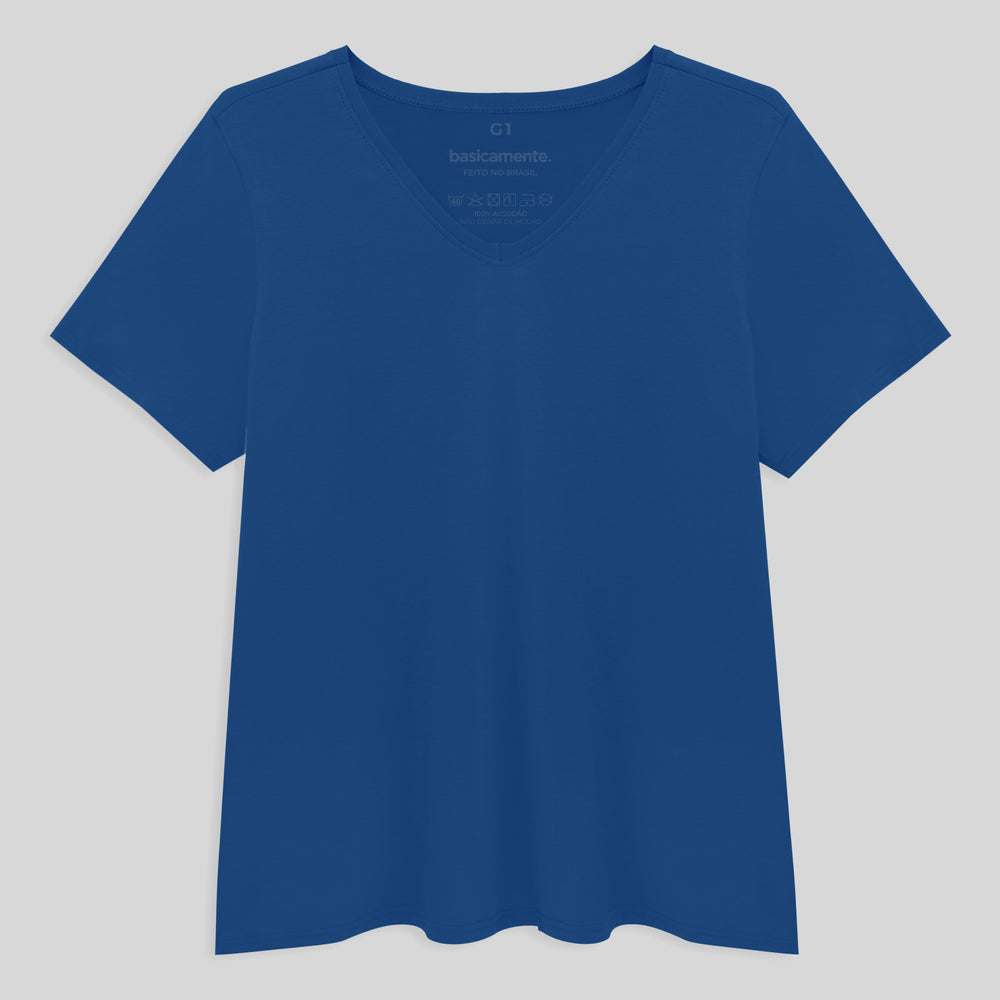 Camiseta Slim Gola V Cotton Plus Feminina - Azul
