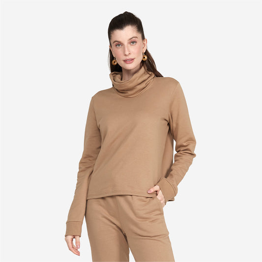 Blusa Moletom Gola Rolê Feminina - Bege Pastel