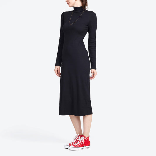 Vestido Midi Ribana Gola Rolê - Preto