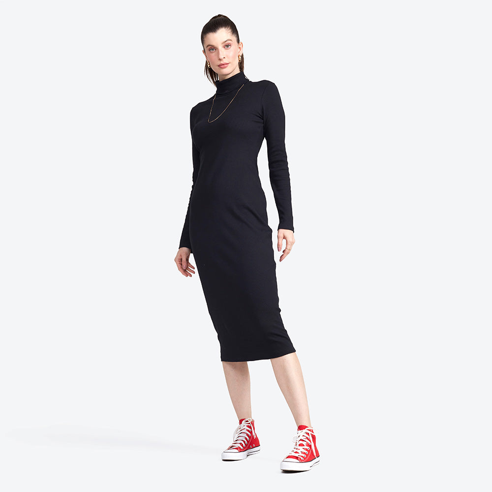 Vestido Midi Ribana Gola Rolê - Preto