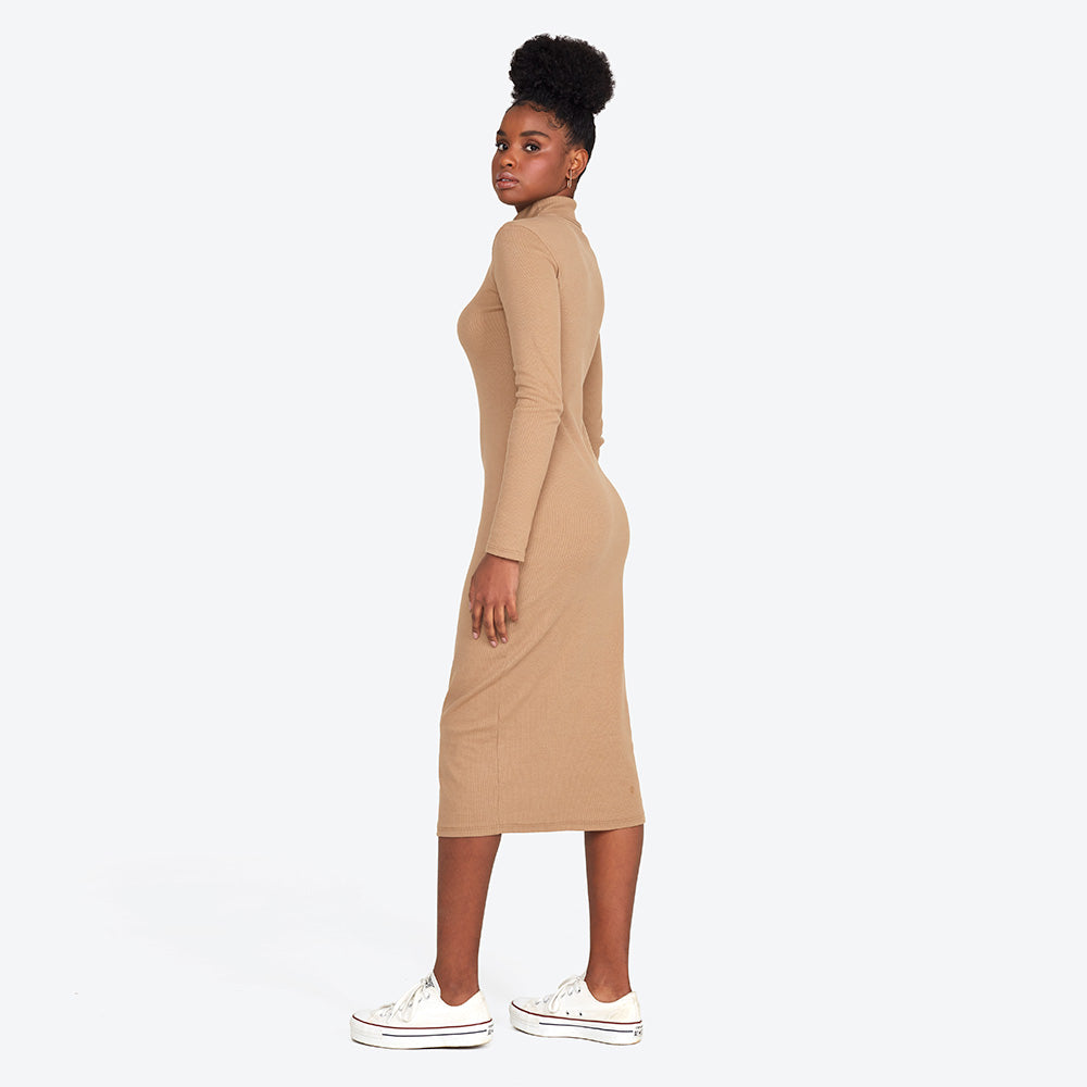 Vestido Midi Ribana Gola Rolê - Bege Pastel