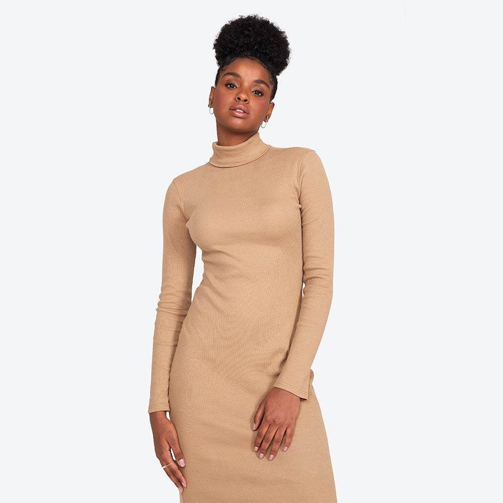 Vestido Midi Ribana Gola Rolê - Bege Pastel