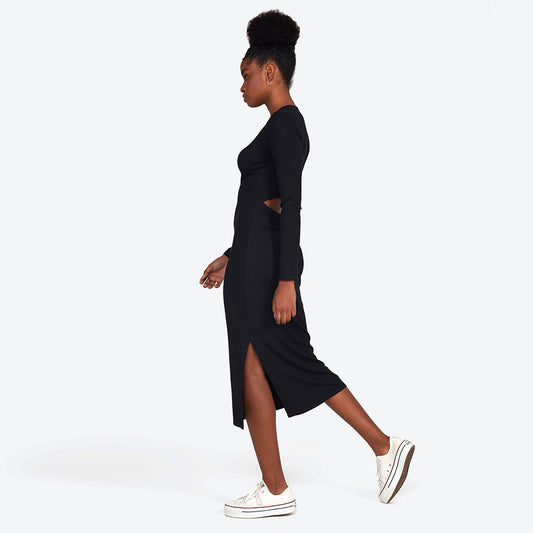 Vestido Midi Canelado Recorte Costas - Preto
