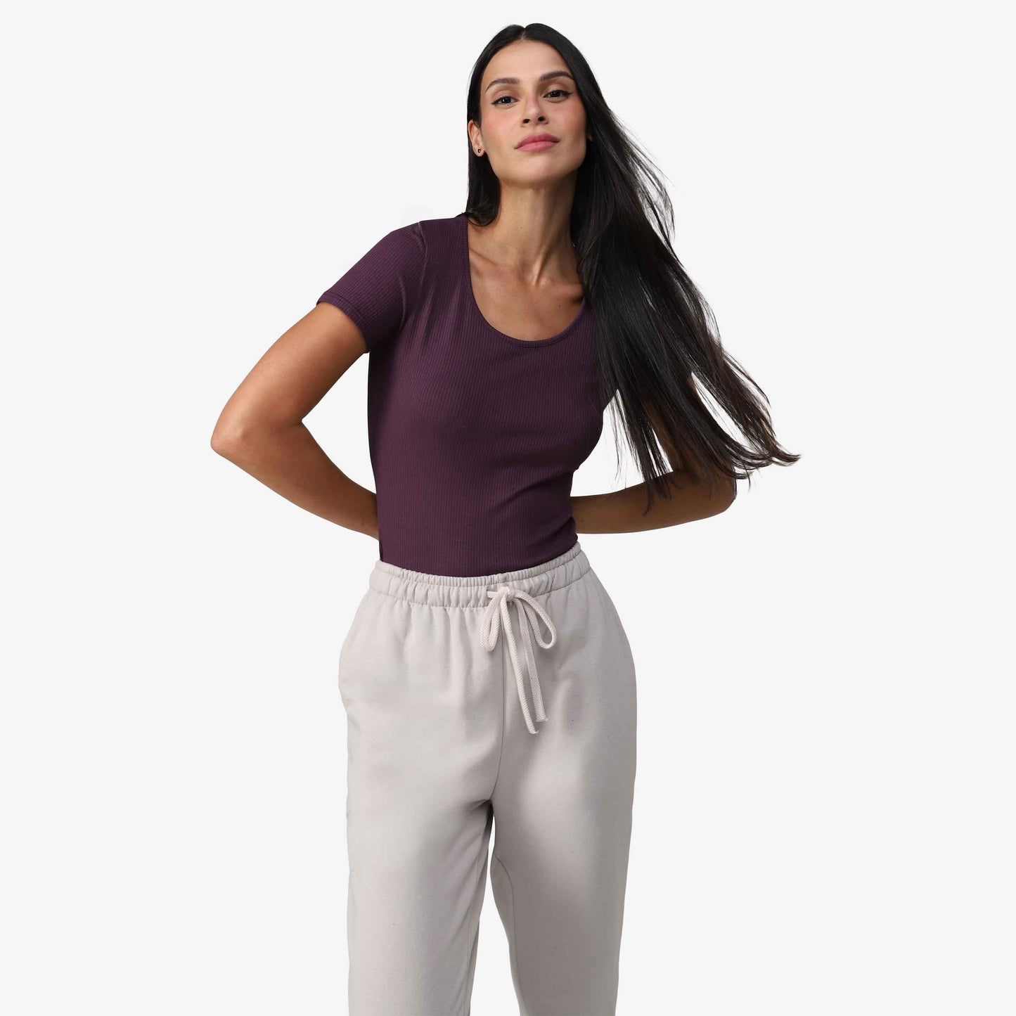 Camiseta Canelada Gola U Feminina - Roxo Ameixa