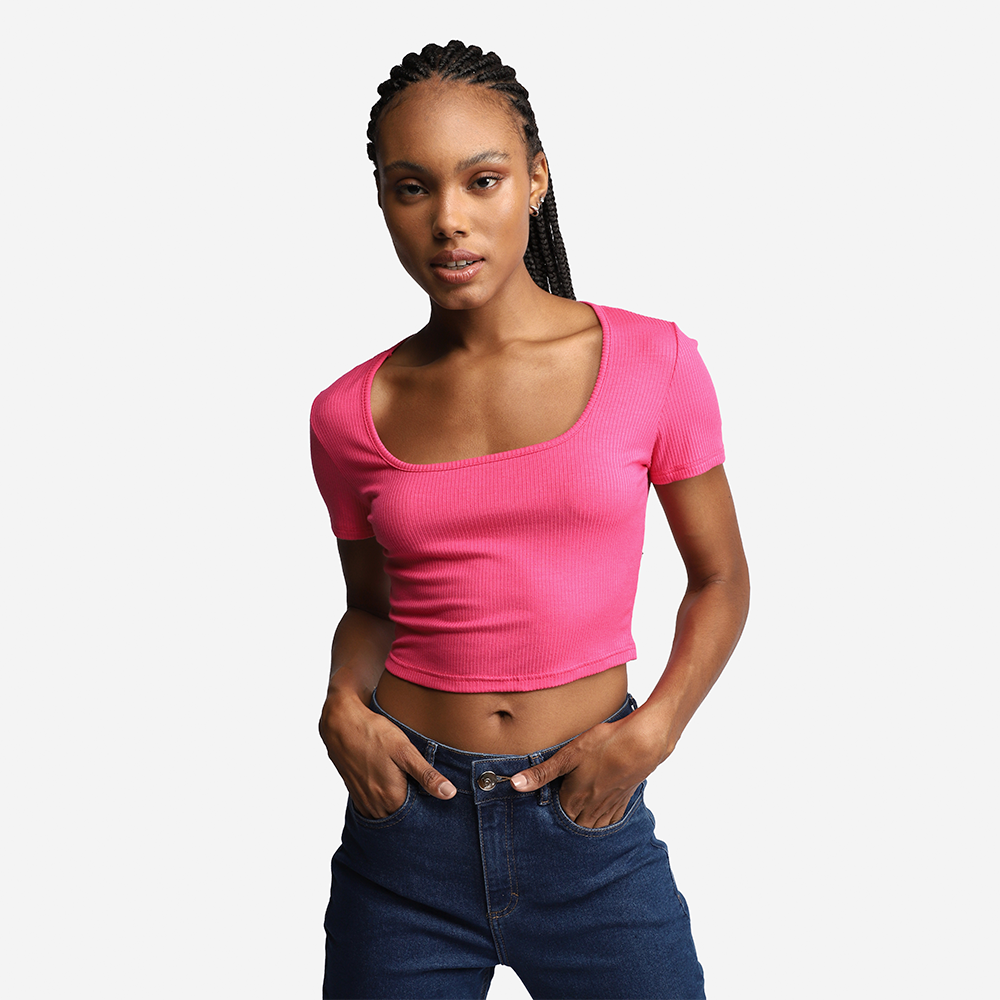 Blusa Cropped Canelada Decote Quadrado - Rosa Fucsia