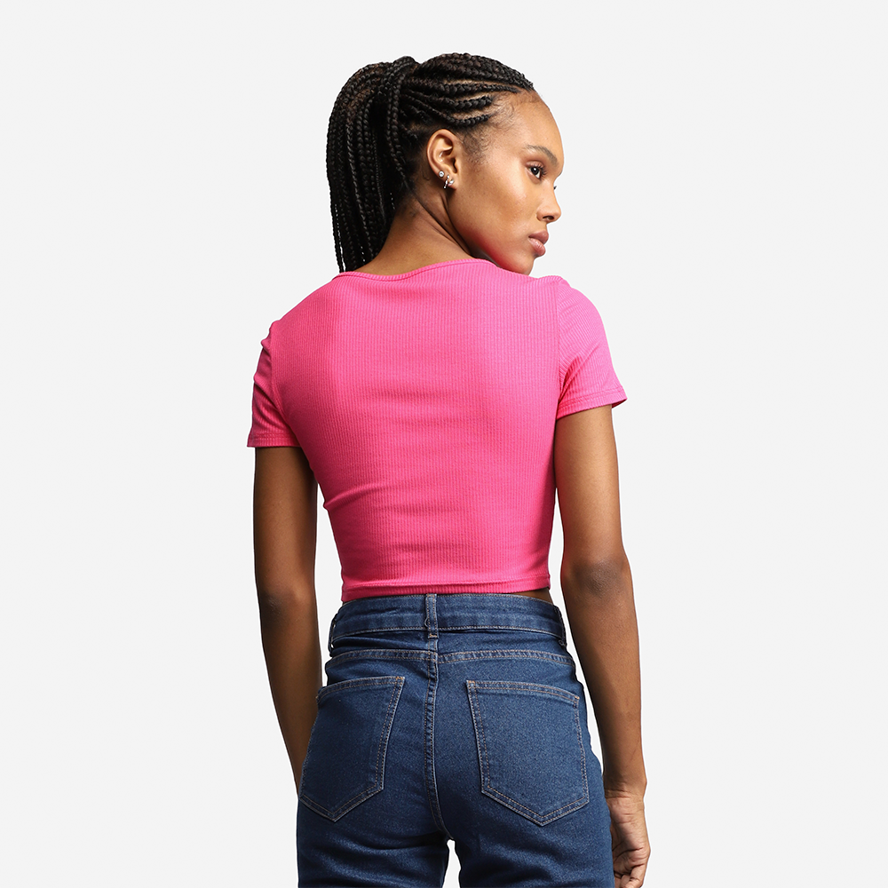Blusa Cropped Canelada Decote Quadrado - Rosa Fucsia