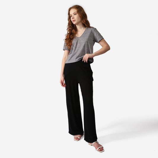 Calça Wide Leg Canelada Feminina - Preto