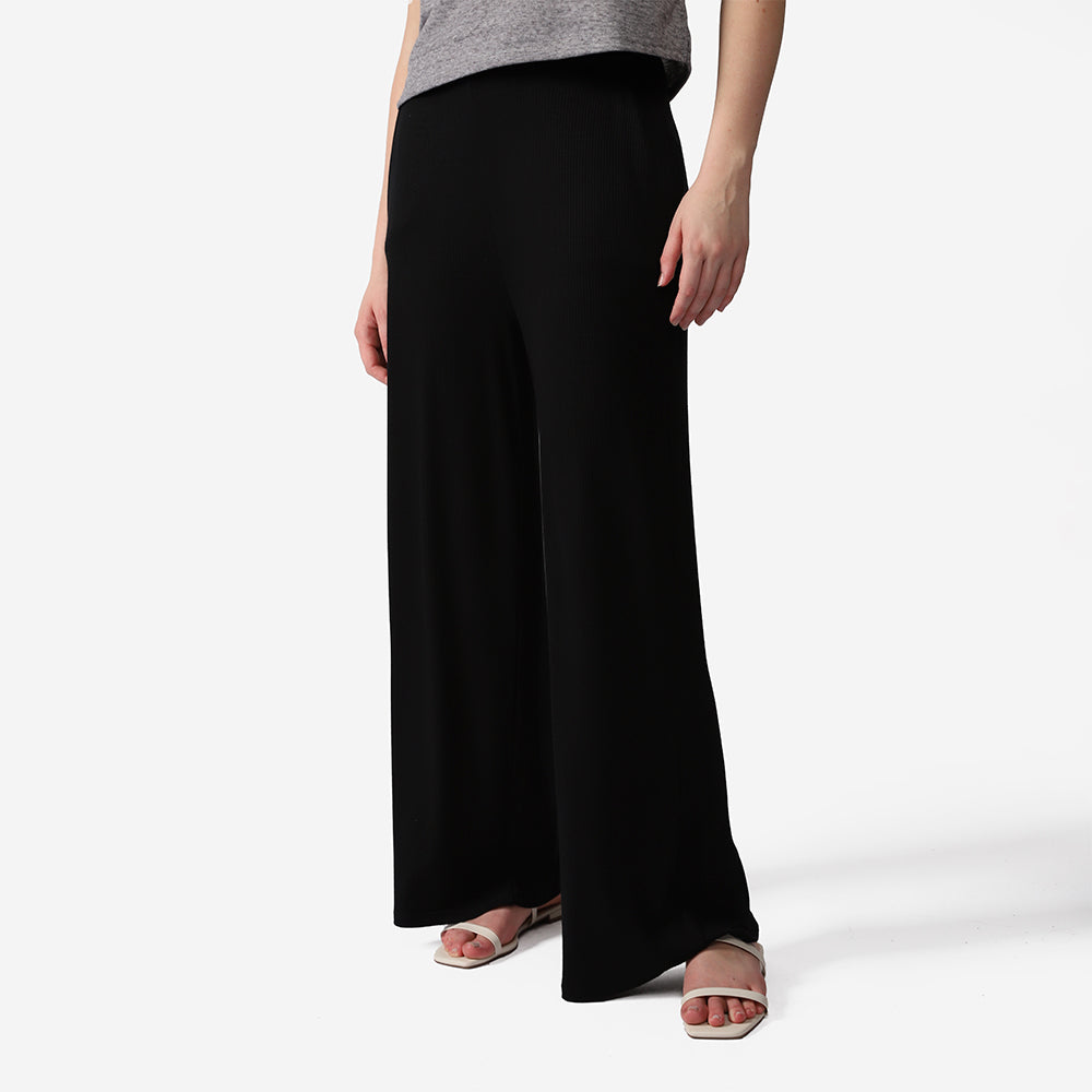 Calça Wide Leg Canelada Feminina - Preto