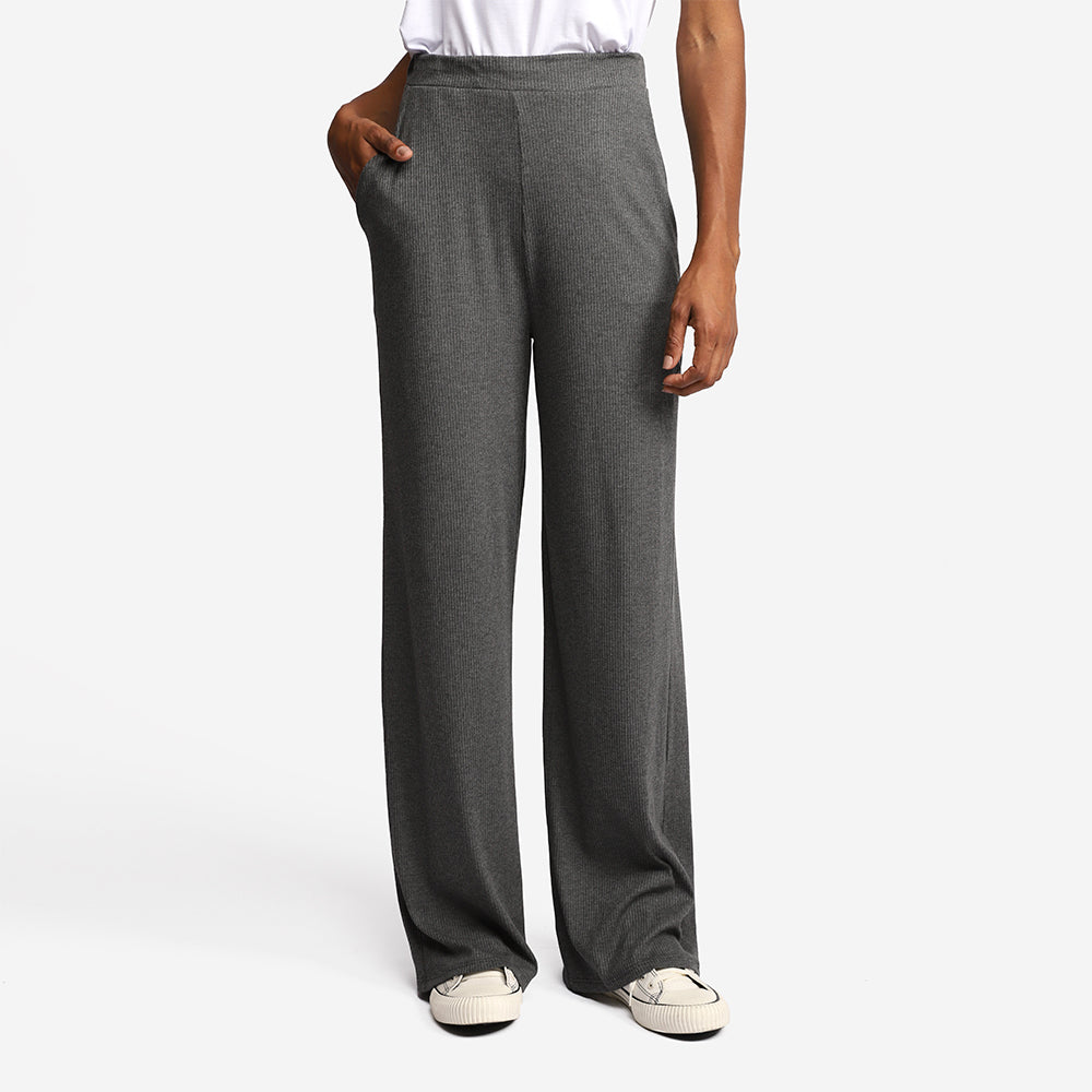 Calça Wide Leg Canelada Feminina - Mescla Escuro