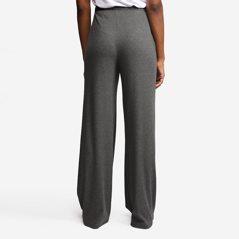 Calça Wide Leg Canelada Feminina - Mescla Escuro