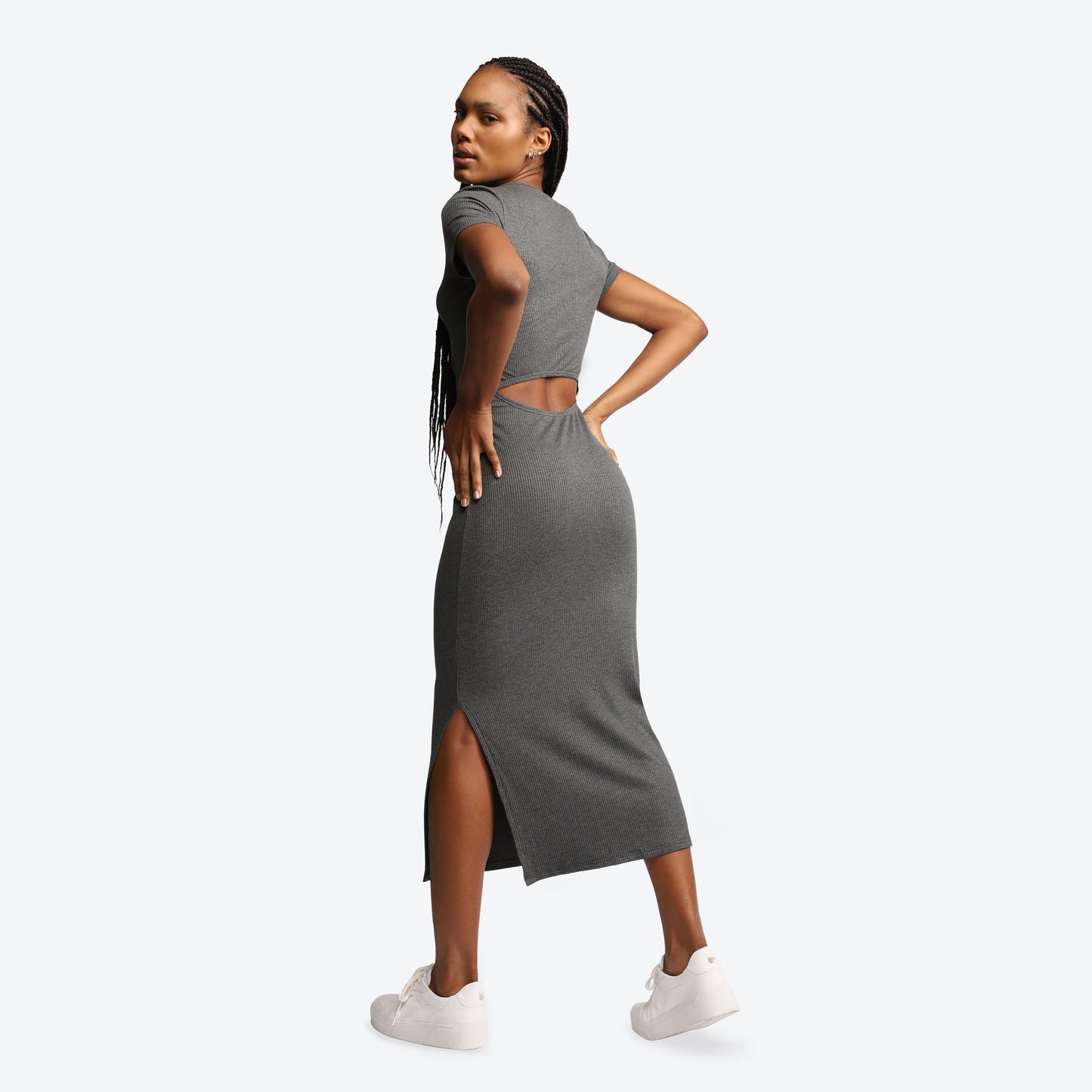 Vestido Midi Viscose Canelada Feminino - Mescla Escuro