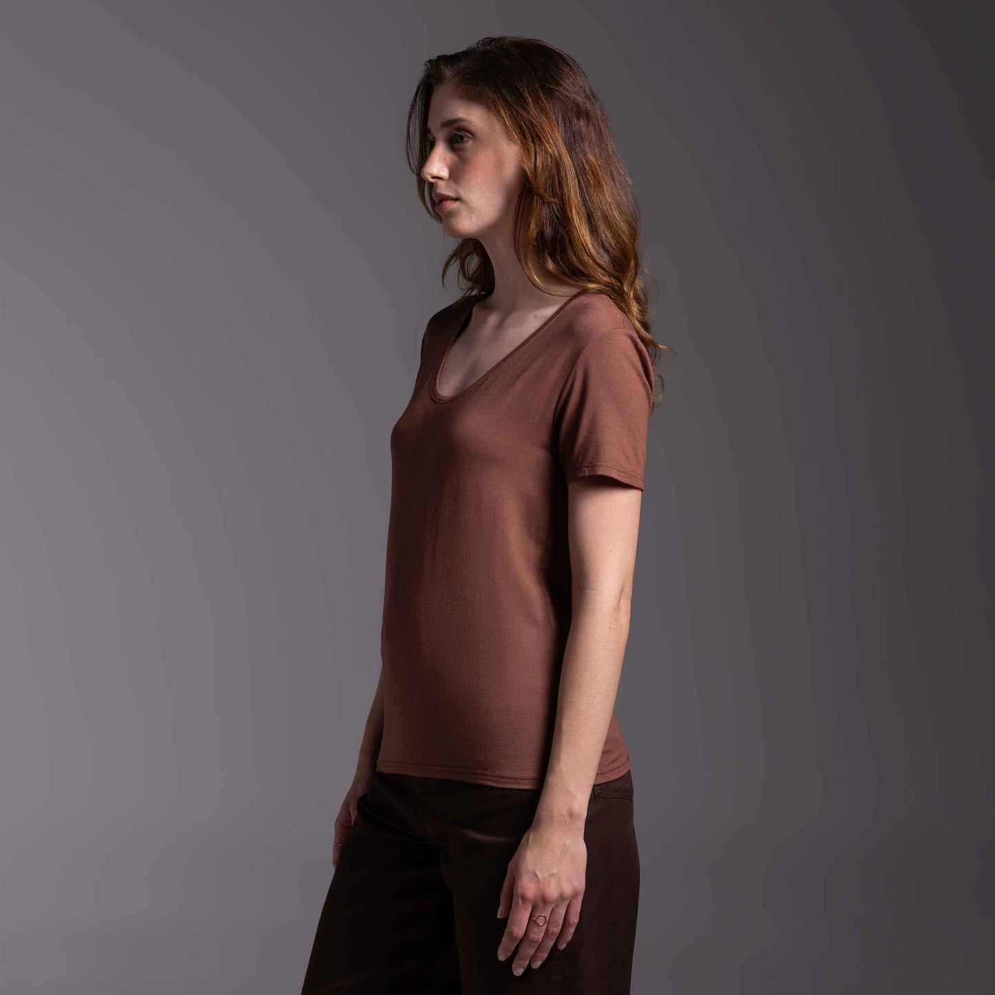 Tech T-Shirt Modal Gola U Feminina - Marrom Avelã