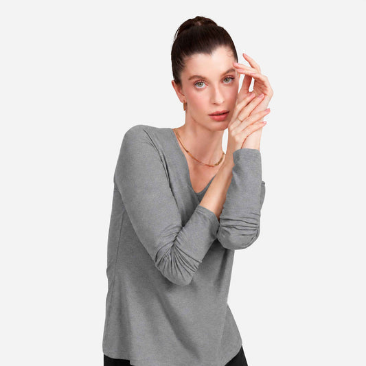Tech T-Shirt Anti Odor Slim Manga Longa Gola V Feminina - Mescla Escuro