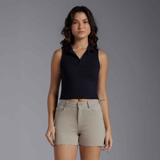 Blusa Cropped Gola Canelada - Preto