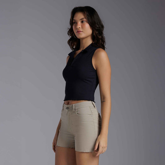 Blusa Cropped Gola Canelada - Preto
