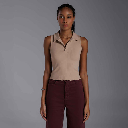 Blusa Cropped Gola Canelada - Bege Camel