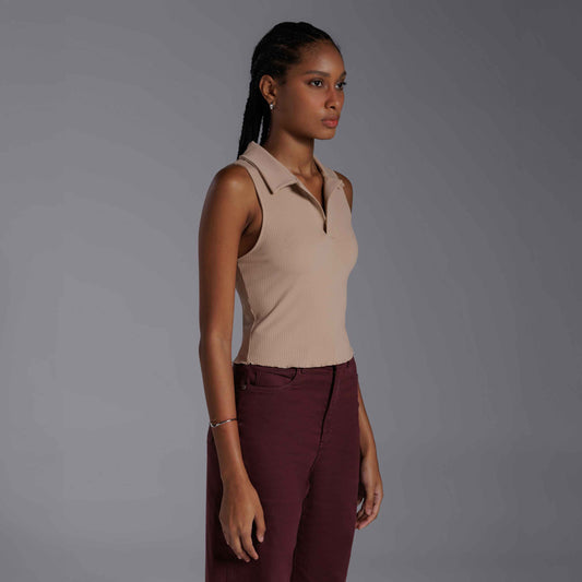 Blusa Cropped Gola Canelada - Bege Camel