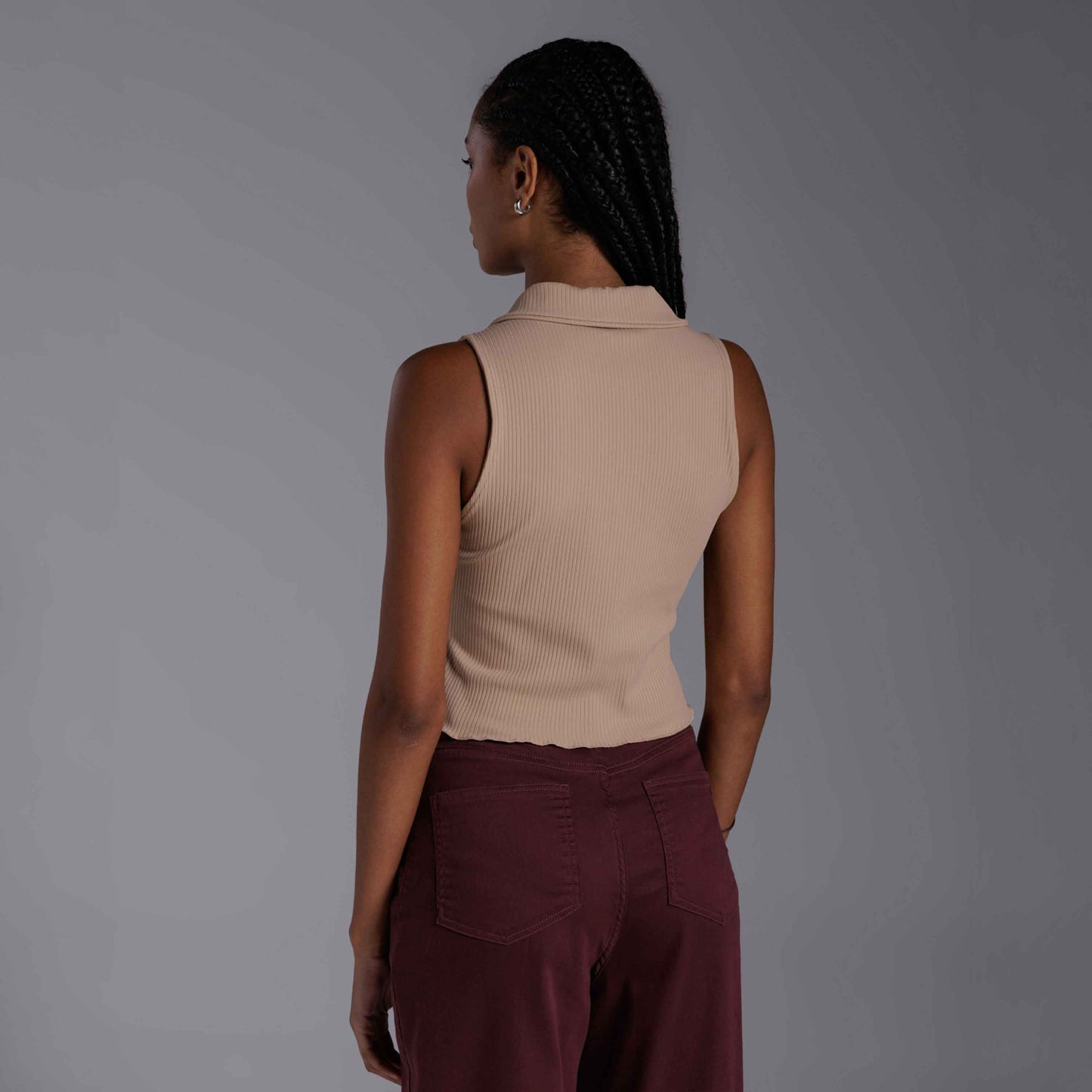 Blusa Cropped Gola Canelada - Bege Camel