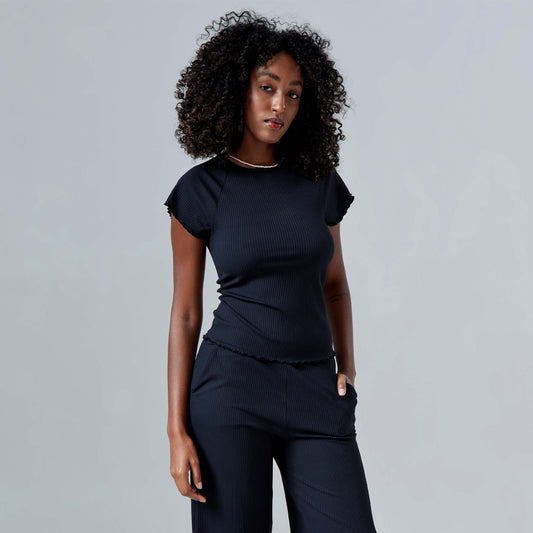 T-Shirt Canelada Raglan Feminina - Preto