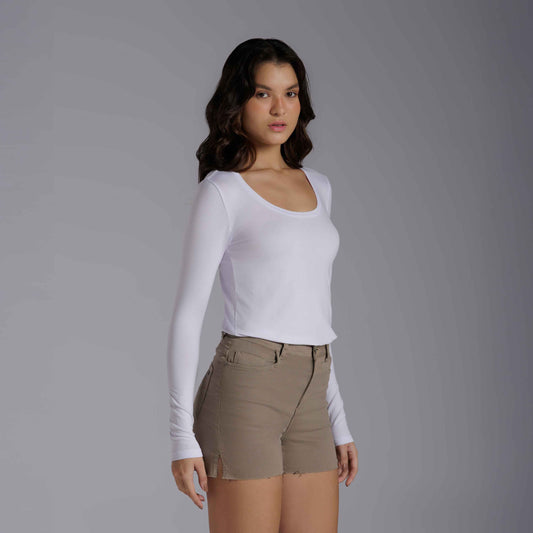 Camiseta Modal Gola U Manga Longa Feminina | Travel Collection - Branco