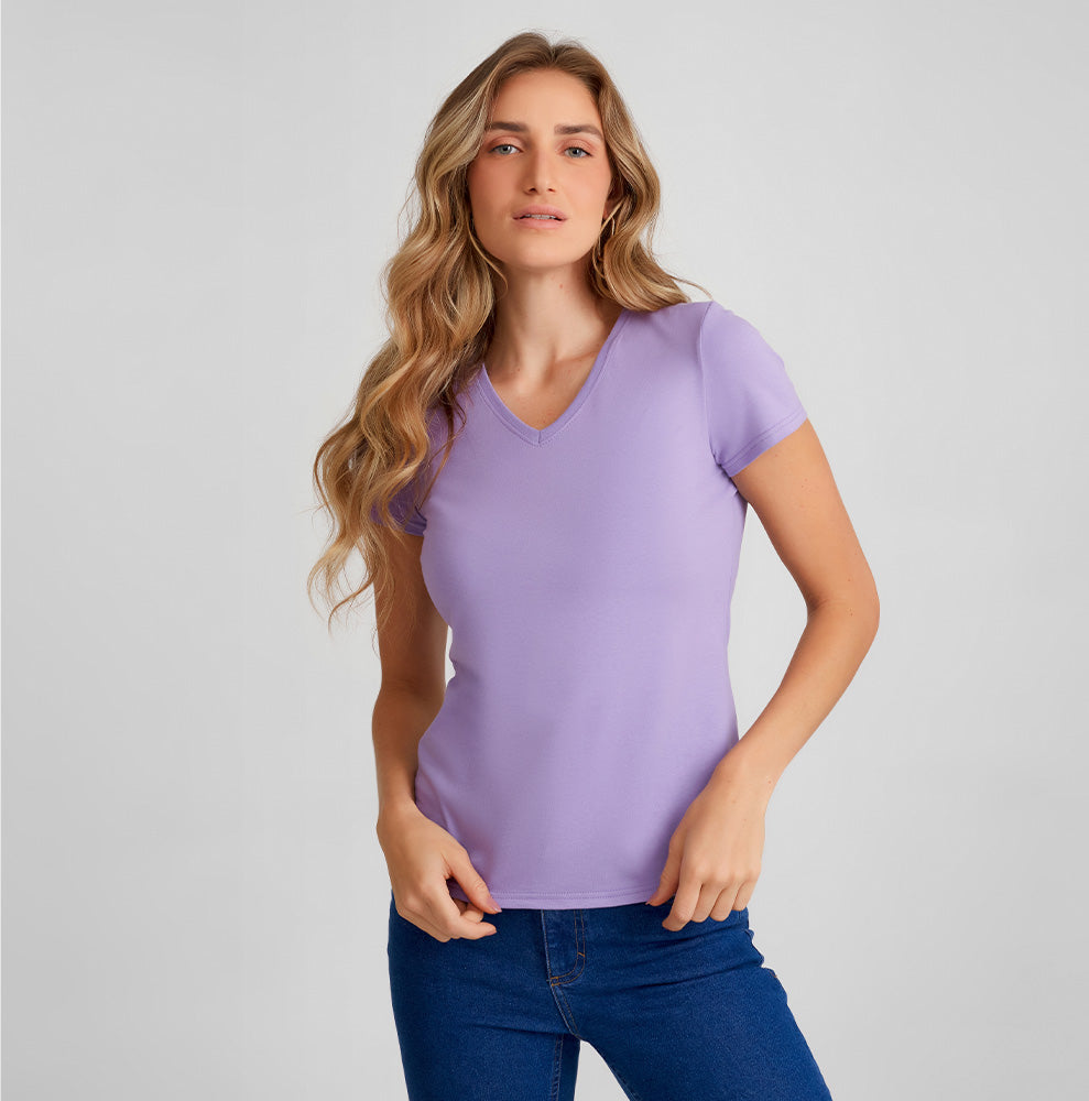 Camiseta Slim Gola V Feminina - Lilás