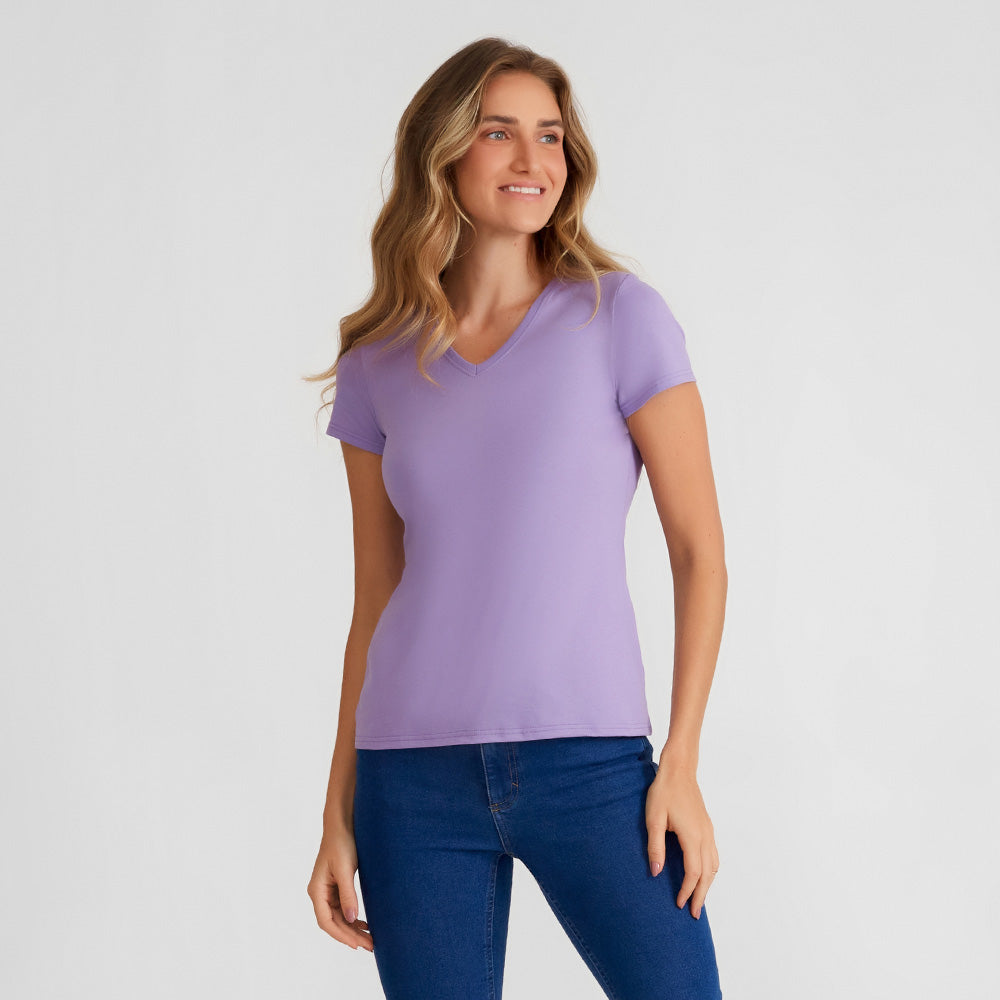 Camiseta Slim Gola V Feminina - Lilás