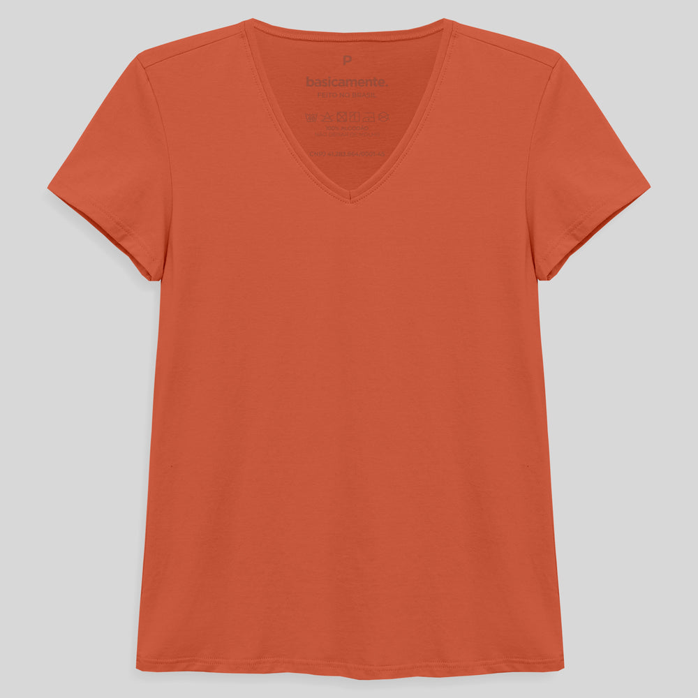 Camiseta Slim Gola V Feminina - Laranja Coral