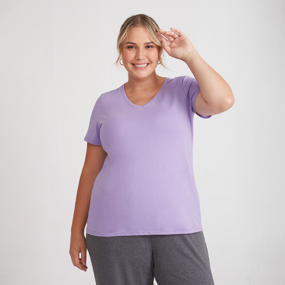 Camiseta Babylook Algodão Premium Gola V Plus Feminina - Lilás