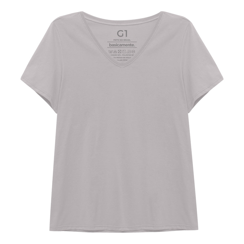 Camiseta Babylook Algodão Premium Gola V Plus Feminina - Cinza Areia