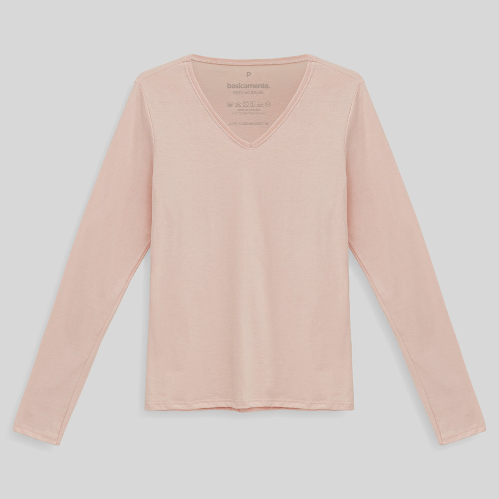 Camiseta Babylook Algodão Premium Manga Longa Gola V Feminina - Rosa Pastel