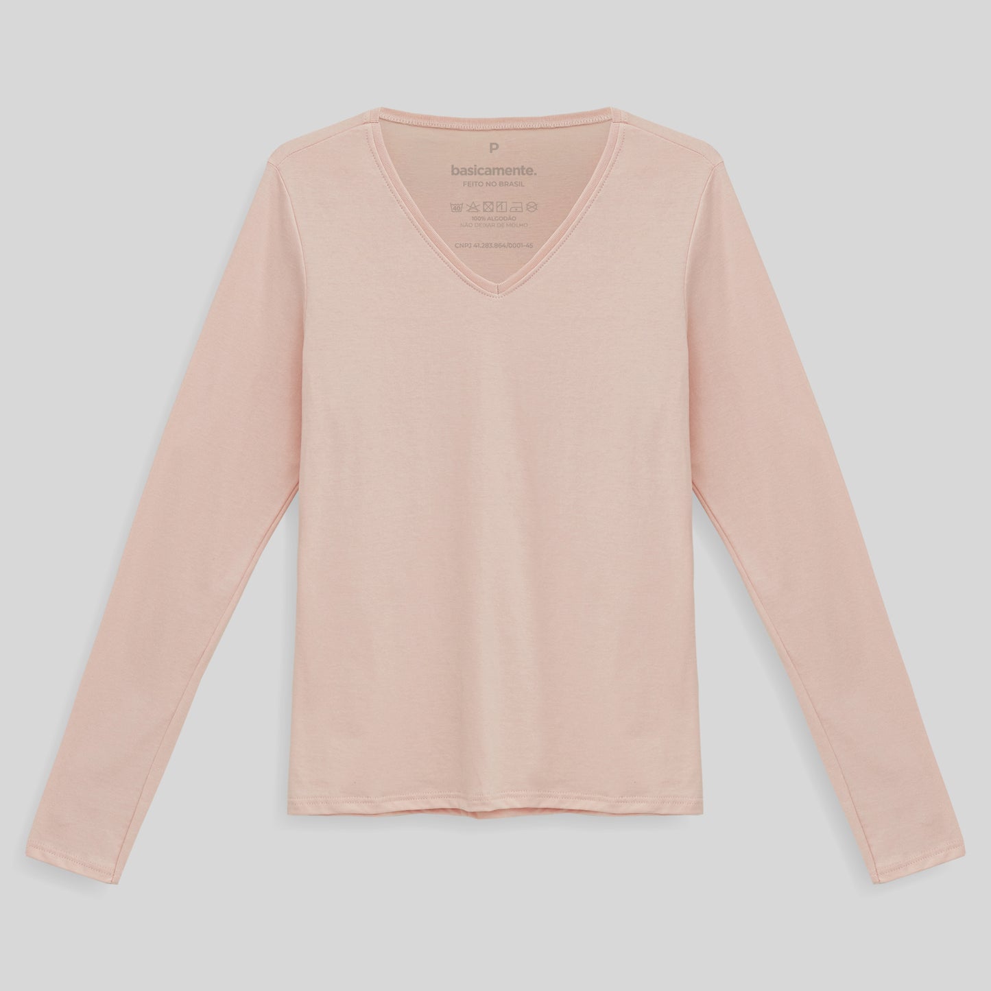 Camiseta Babylook Algodão Premium Manga Longa Gola V Feminina - Rosa Pastel