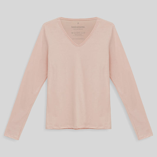 Camiseta Babylook Algodão Premium Manga Longa Gola V Feminina - Rosa Pastel