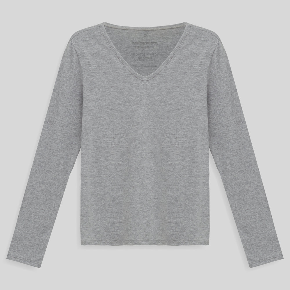 Camiseta Babylook Algodão Premium Manga Longa Gola V Feminina - Mescla Claro