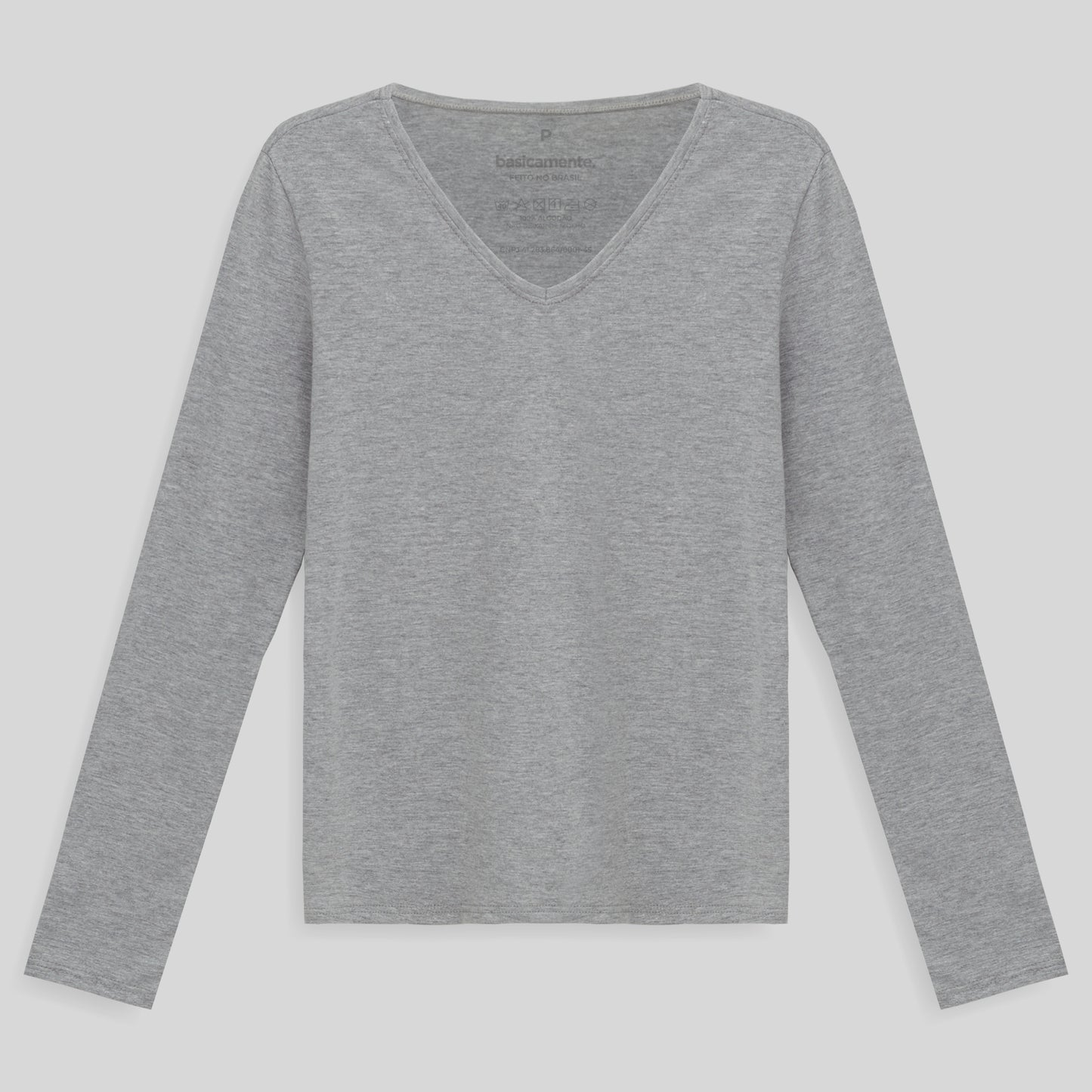 Camiseta Babylook Algodão Premium Manga Longa Gola V Feminina - Mescla Claro