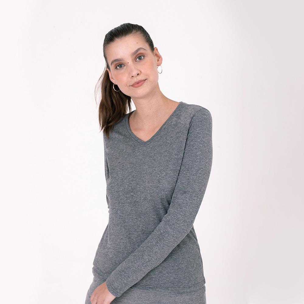 Camiseta Babylook Algodão Premium Manga Longa Gola V Feminina - Mescla Escuro
